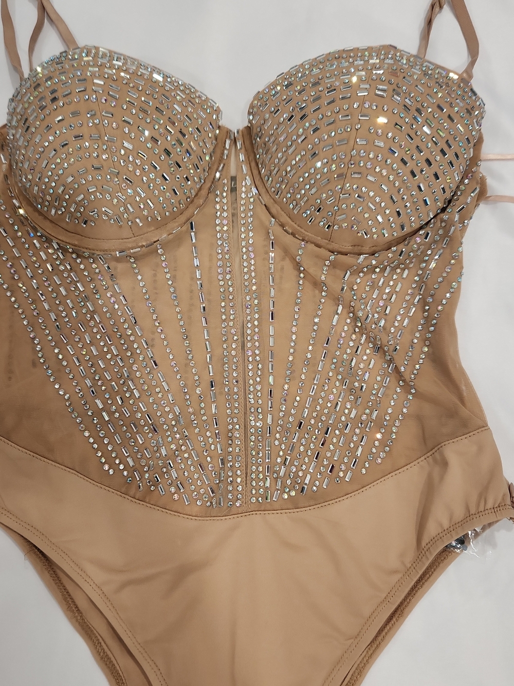 Banjul L Rhinestone Corset Mesh Bodysuit Beige Sparkle Clubwear Festival Sexy